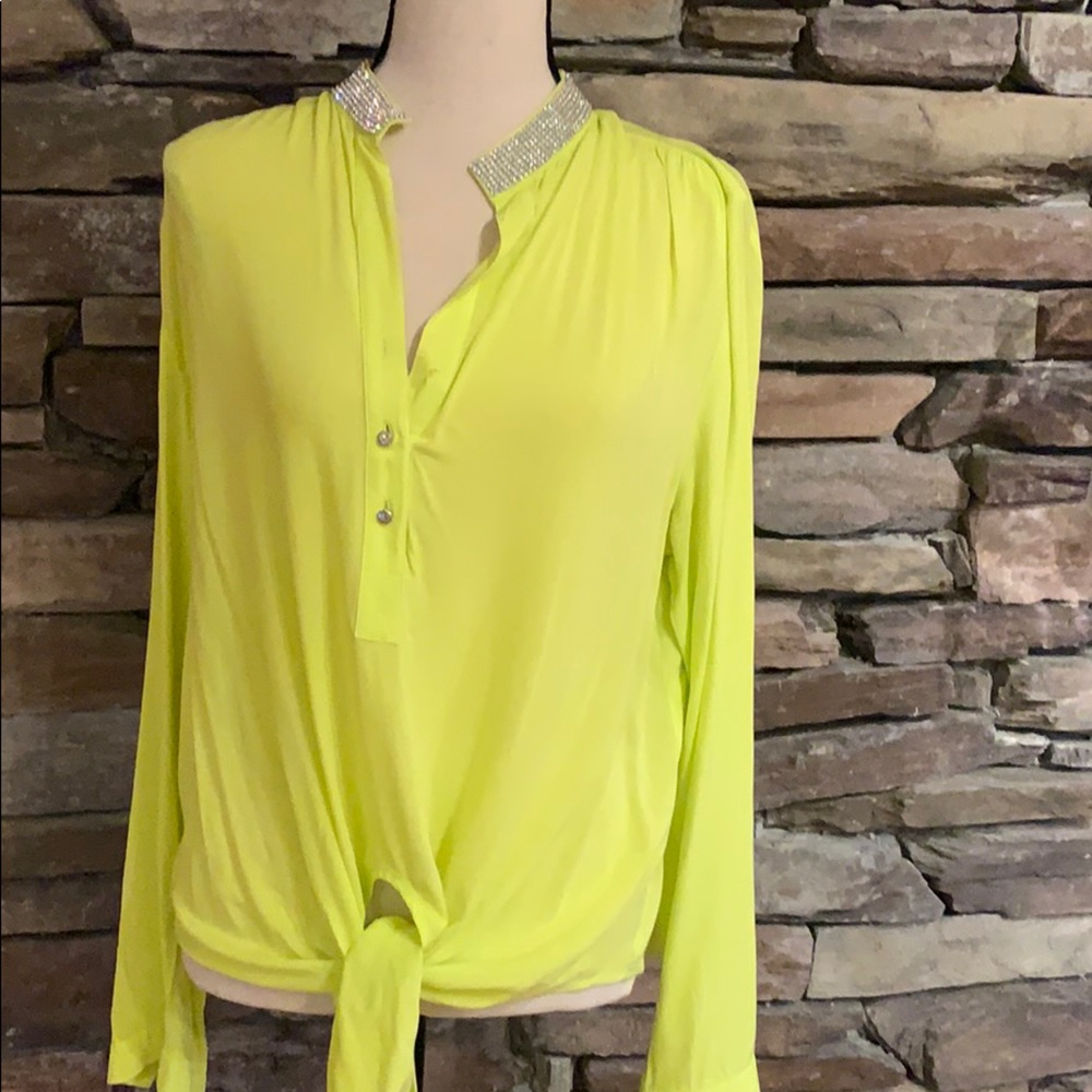 Chartreuse tie front blouse with rhinestone collar